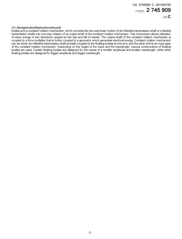 Document de brevet canadien 2745909. Page couverture 20121210. Image 2 de 2