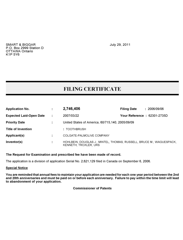 Document de brevet canadien 2746406. Correspondance 20110729. Image 1 de 1
