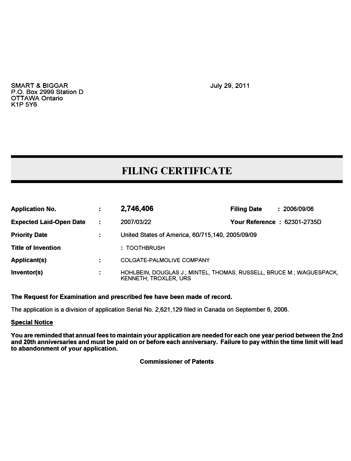 Canadian Patent Document 2746406. Correspondence 20110729. Image 1 of 1