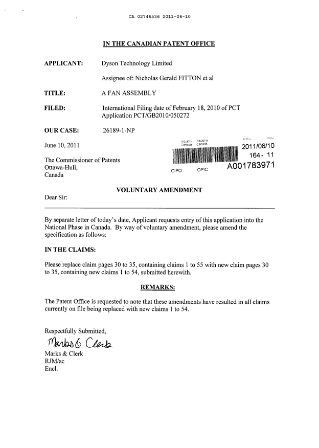 Canadian Patent Document 2746536. Prosecution-Amendment 20101210. Image 1 of 7