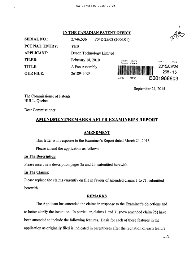 Canadian Patent Document 2746536. Prosecution-Amendment 20141224. Image 1 of 15