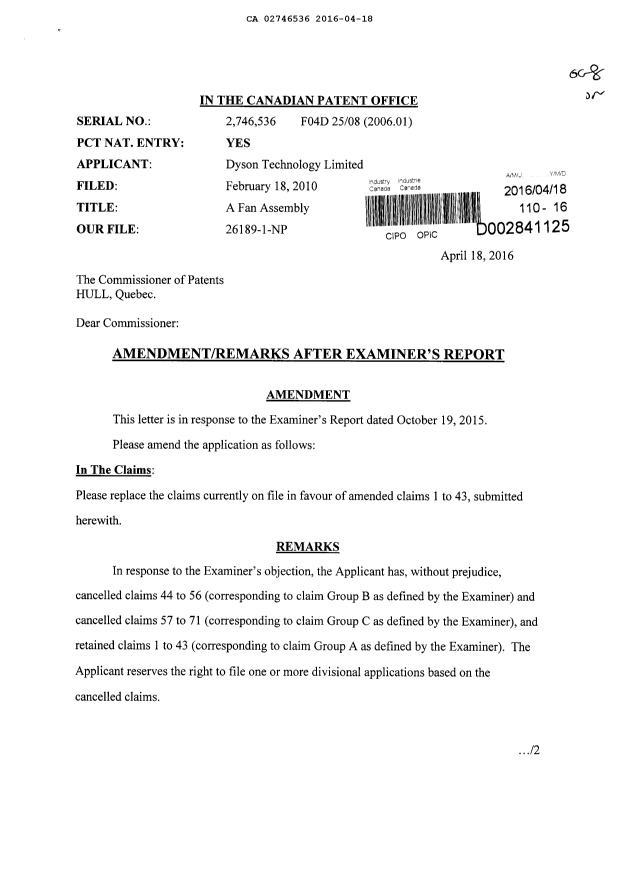 Canadian Patent Document 2746536. Prosecution-Amendment 20151218. Image 1 of 7
