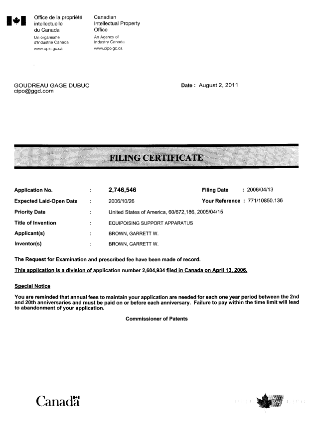 Canadian Patent Document 2746546. Correspondence 20110802. Image 1 of 1
