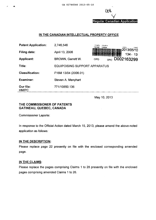 Canadian Patent Document 2746546. Prosecution-Amendment 20130510. Image 1 of 7
