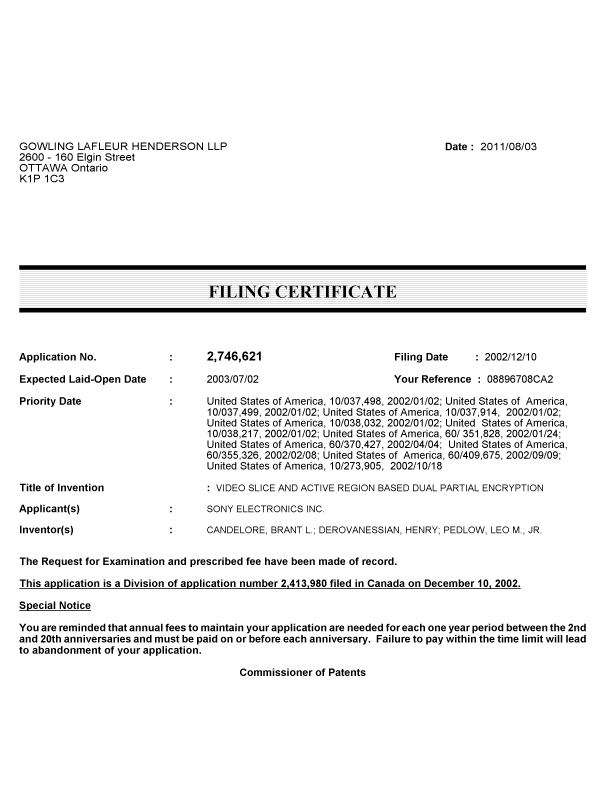 Document de brevet canadien 2746621. Correspondance 20110803. Image 1 de 1
