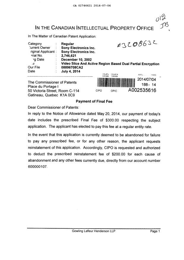 Canadian Patent Document 2746621. Correspondence 20131204. Image 1 of 2