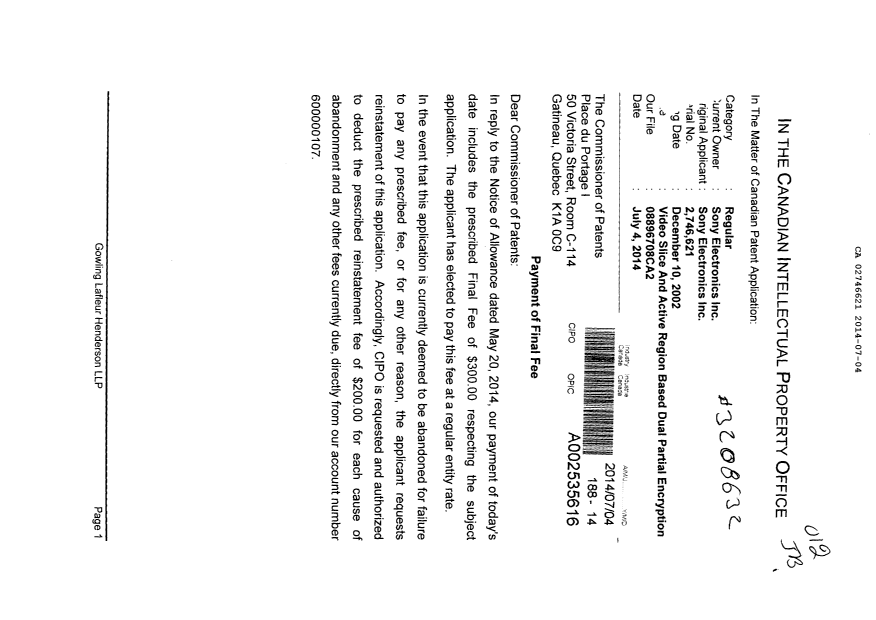 Document de brevet canadien 2746621. Correspondance 20140704. Image 1 de 2