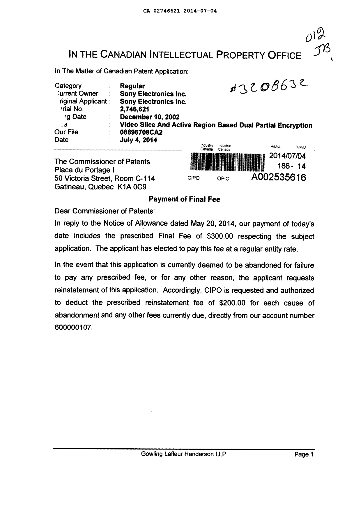 Document de brevet canadien 2746621. Correspondance 20140704. Image 1 de 2