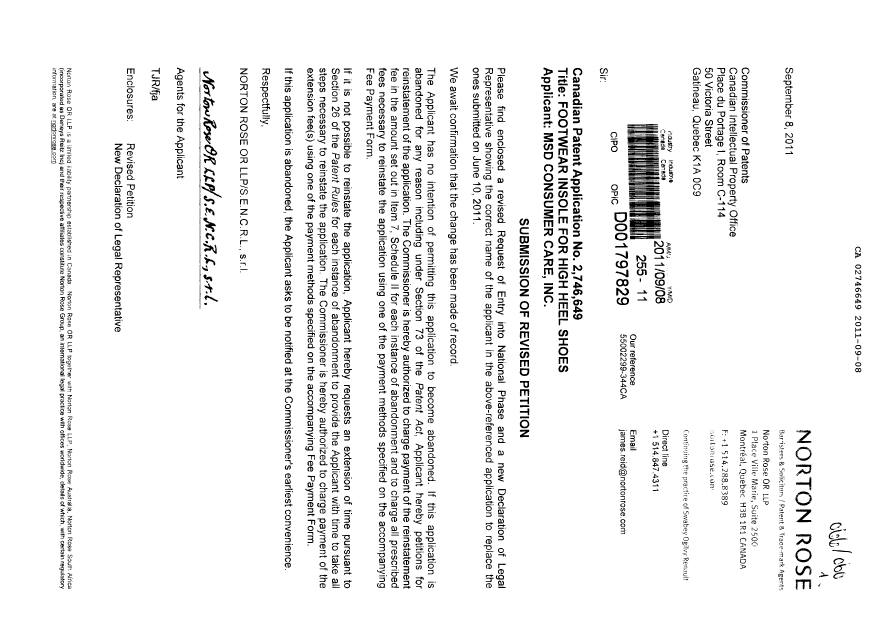 Document de brevet canadien 2746649. Correspondance 20101208. Image 1 de 3