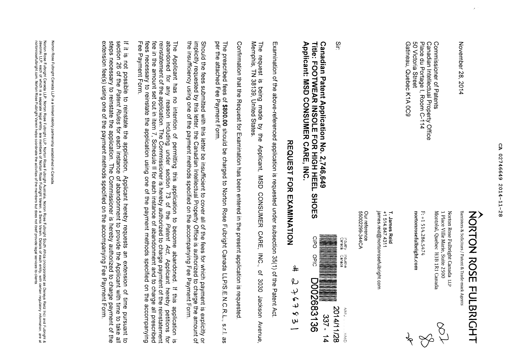 Canadian Patent Document 2746649. Prosecution-Amendment 20131228. Image 1 of 2