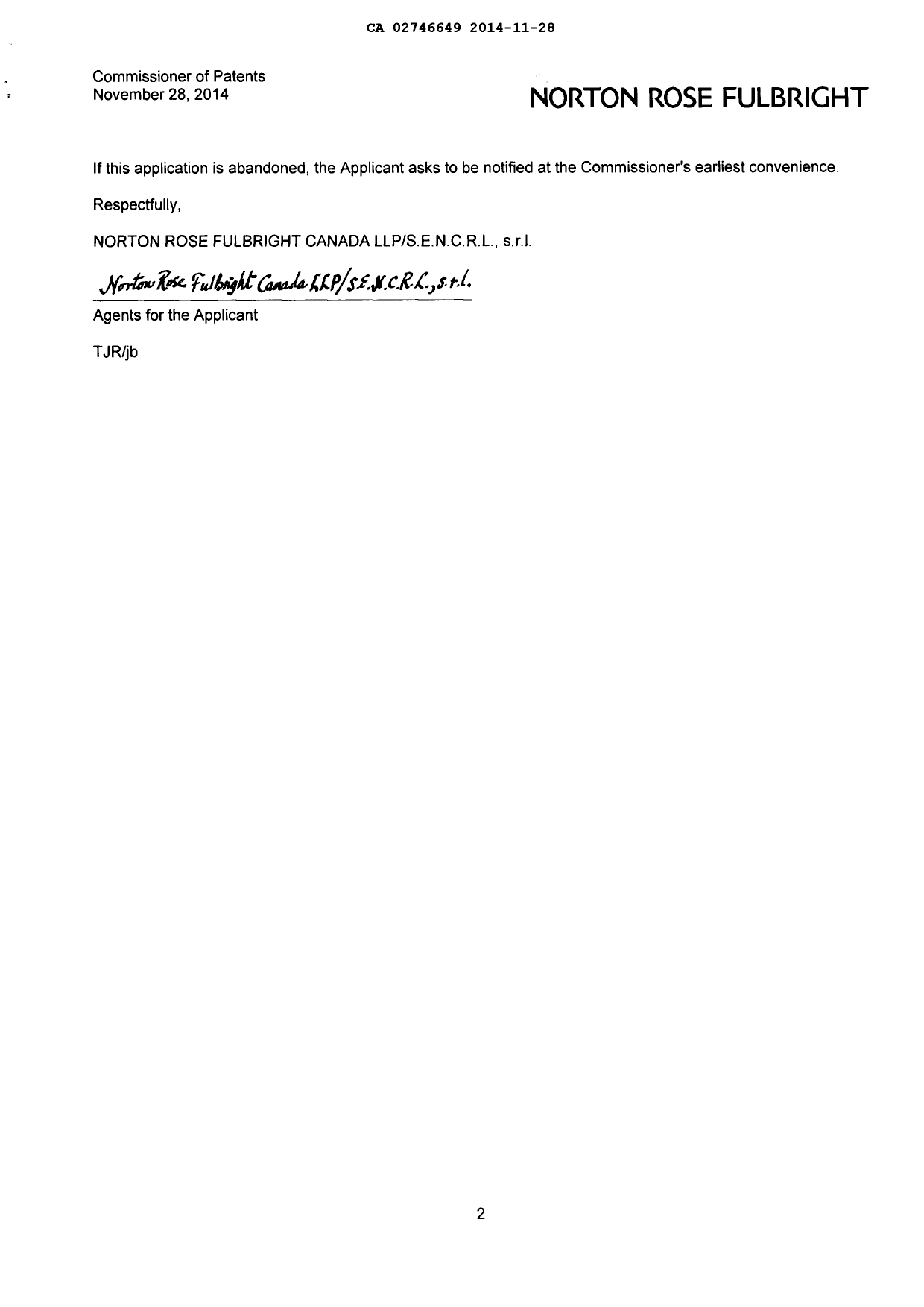 Document de brevet canadien 2746649. Poursuite-Amendment 20131228. Image 2 de 2