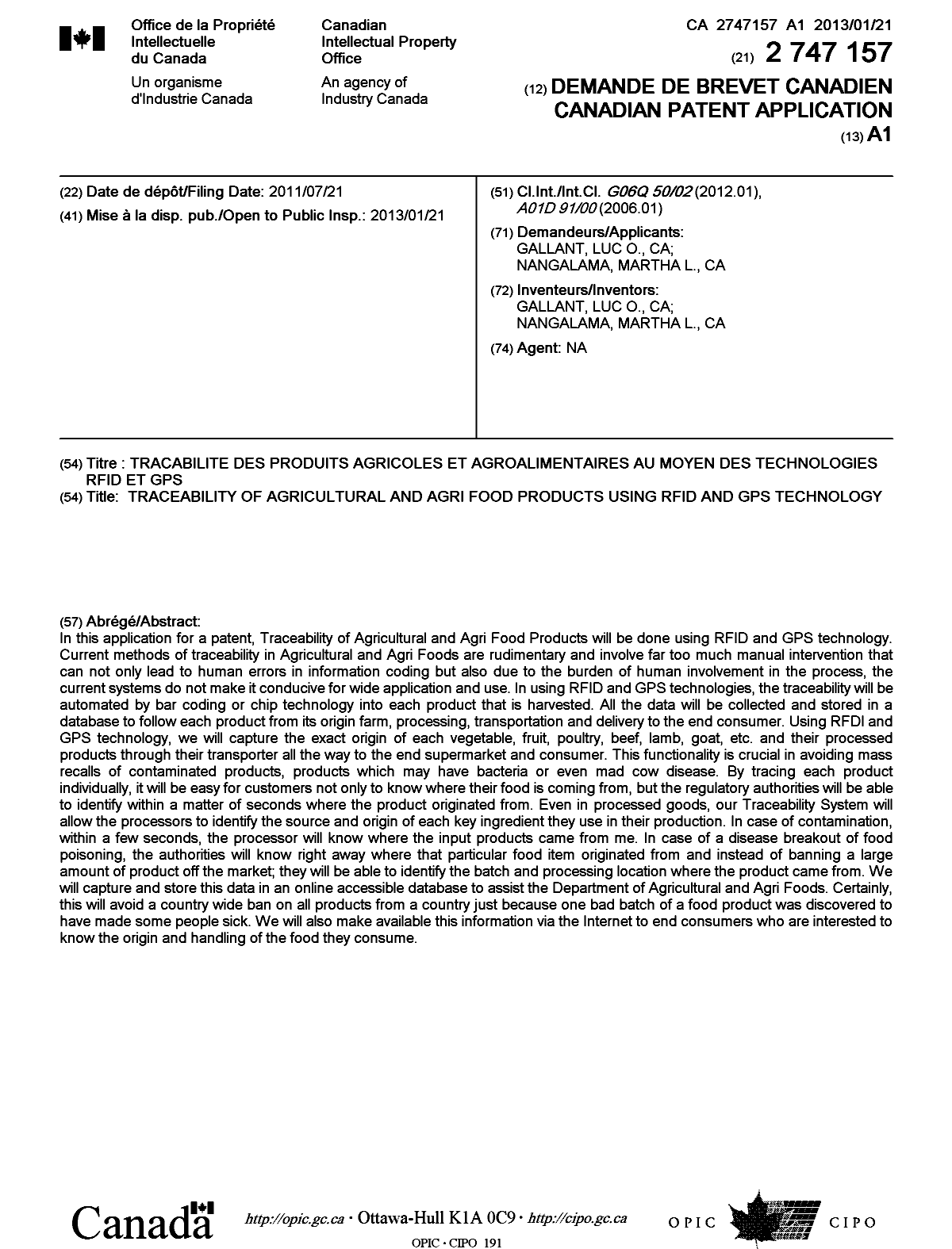 Canadian Patent Document 2747157. Cover Page 20130115. Image 1 of 1