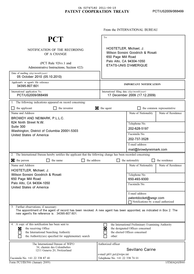 Document de brevet canadien 2747182. PCT 20110615. Image 1 de 11