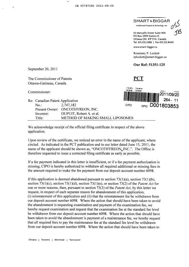Document de brevet canadien 2747182. Correspondance 20110920. Image 1 de 3