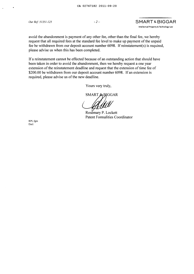 Canadian Patent Document 2747182. Correspondence 20110920. Image 2 of 3