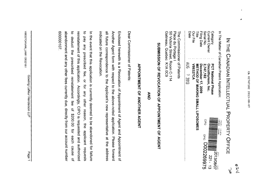 Canadian Patent Document 2747182. Correspondence 20130807. Image 1 of 3