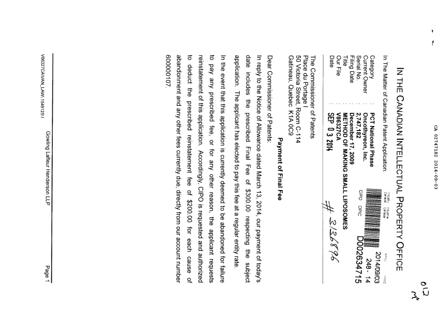 Canadian Patent Document 2747182. Correspondence 20140903. Image 1 of 2