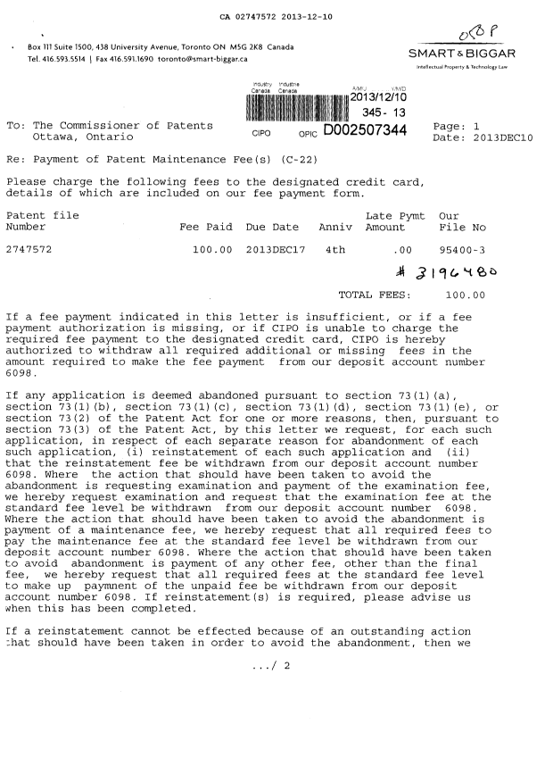 Document de brevet canadien 2747572. Taxes 20131210. Image 1 de 2
