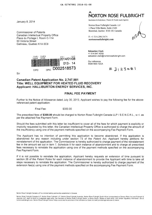 Canadian Patent Document 2747981. Correspondence 20140108. Image 1 of 2