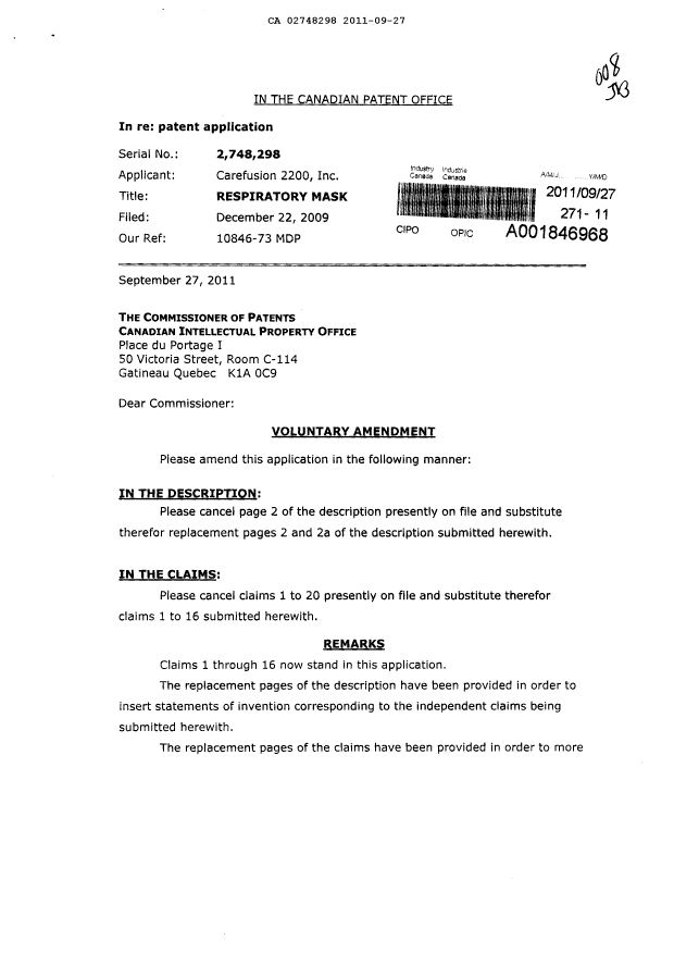 Canadian Patent Document 2748298. Prosecution-Amendment 20110927. Image 1 of 7