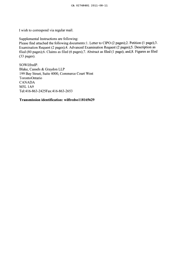 Document de brevet canadien 2748481. Cession 20101211. Image 2 de 11