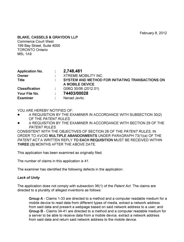Canadian Patent Document 2748481. Prosecution-Amendment 20111208. Image 1 of 3