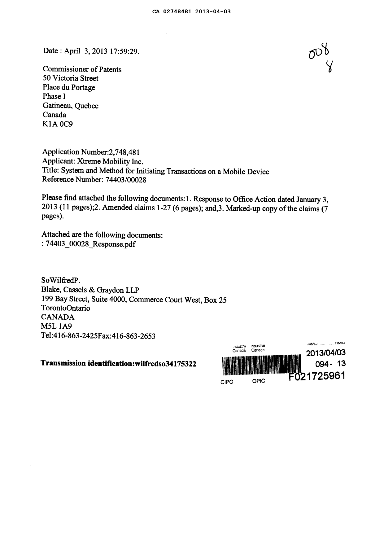 Document de brevet canadien 2748481. Poursuite-Amendment 20121203. Image 1 de 25