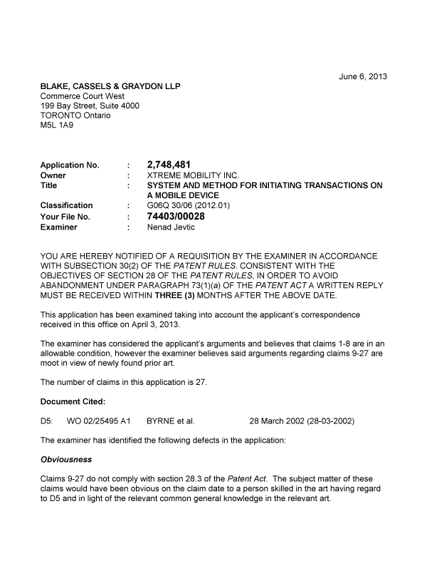 Document de brevet canadien 2748481. Poursuite-Amendment 20121206. Image 1 de 3