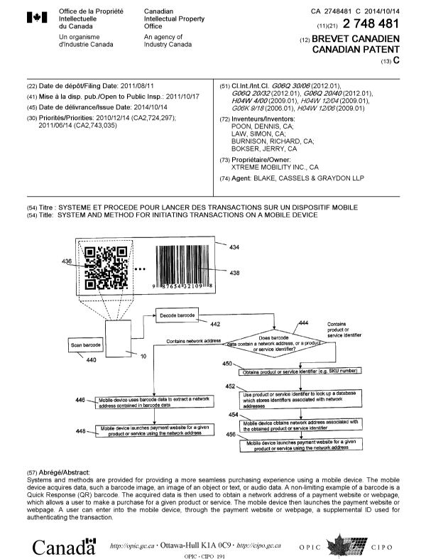 Canadian Patent Document 2748481. Cover Page 20131217. Image 1 of 1