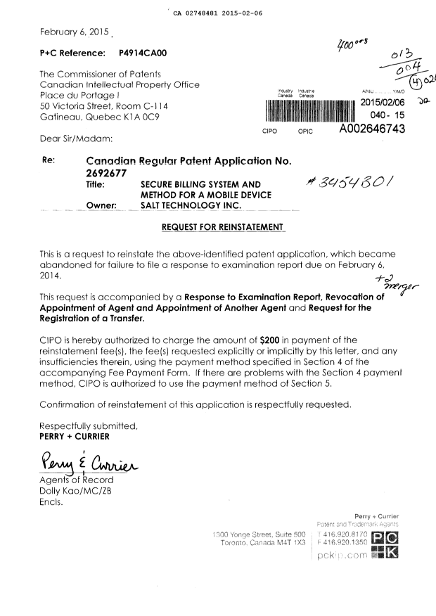 Canadian Patent Document 2748481. Correspondence 20141206. Image 1 of 4
