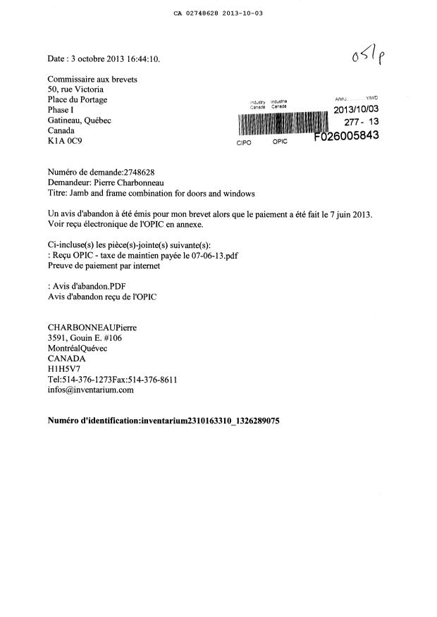 Document de brevet canadien 2748628. Correspondance 20121203. Image 1 de 5