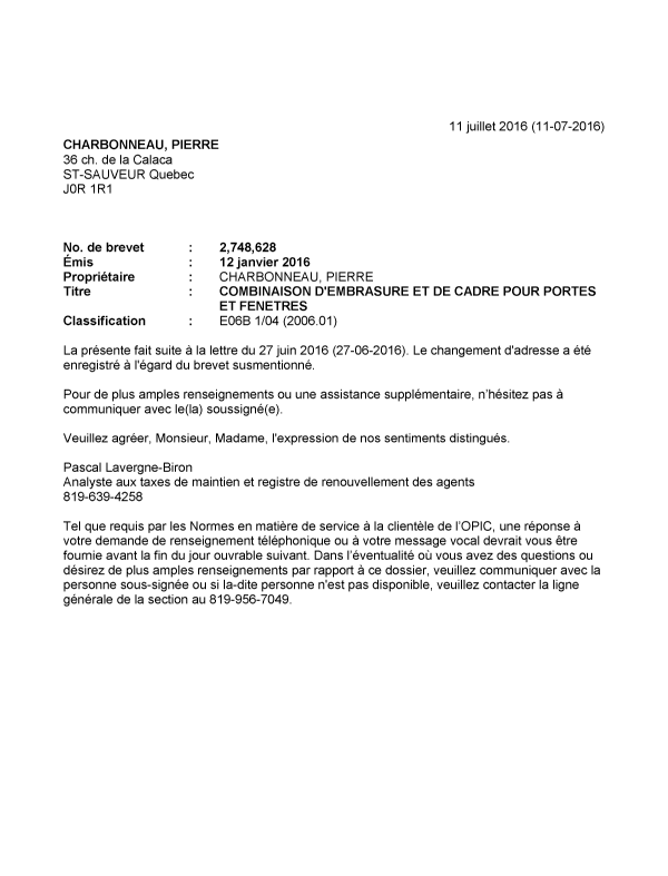Document de brevet canadien 2748628. Correspondance 20151211. Image 1 de 1