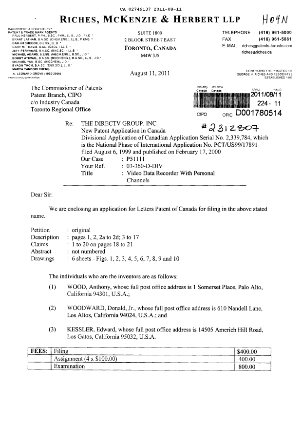 Document de brevet canadien 2749137. Cession 20110811. Image 1 de 4