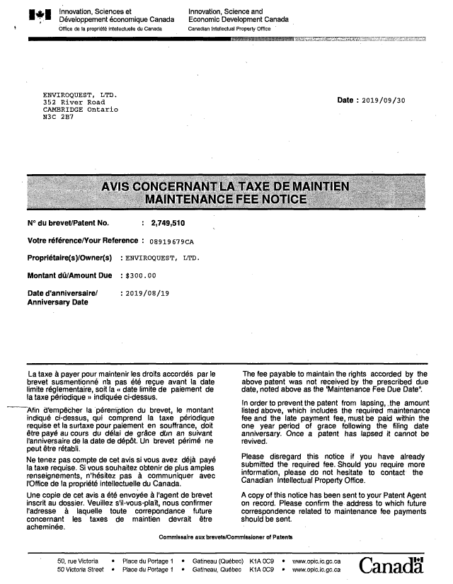 Document de brevet canadien 2749510. Courrier retourné 20191010. Image 1 de 2