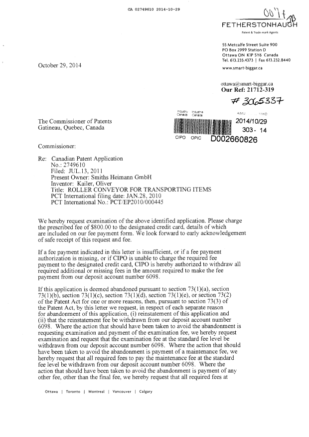 Canadian Patent Document 2749610. Prosecution-Amendment 20141029. Image 1 of 2