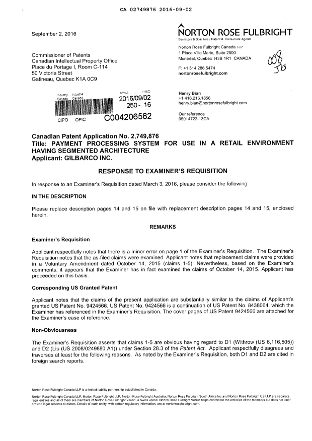 Canadian Patent Document 2749876. Amendment 20160902. Image 1 of 7