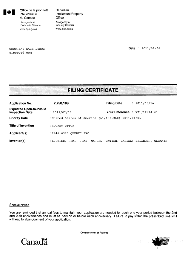 Canadian Patent Document 2750108. Correspondence 20110906. Image 1 of 1