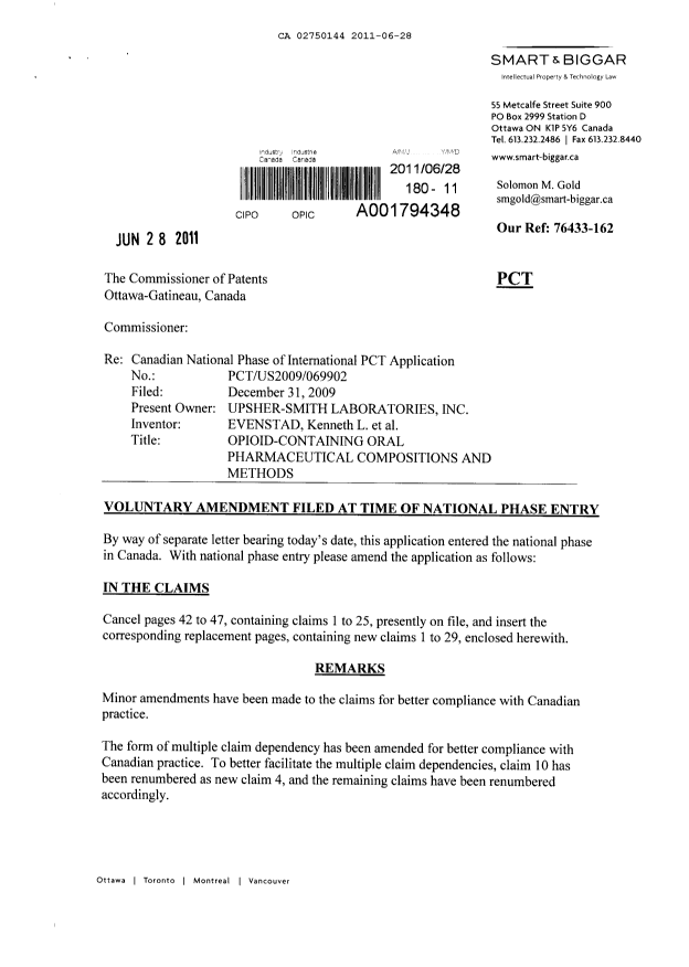 Canadian Patent Document 2750144. Prosecution-Amendment 20110628. Image 1 of 10