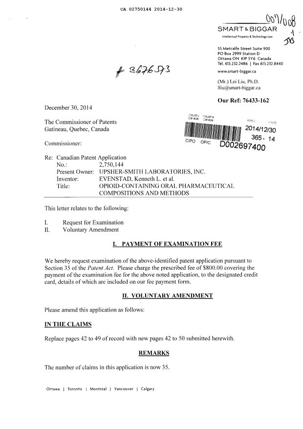 Canadian Patent Document 2750144. Prosecution-Amendment 20141230. Image 1 of 20