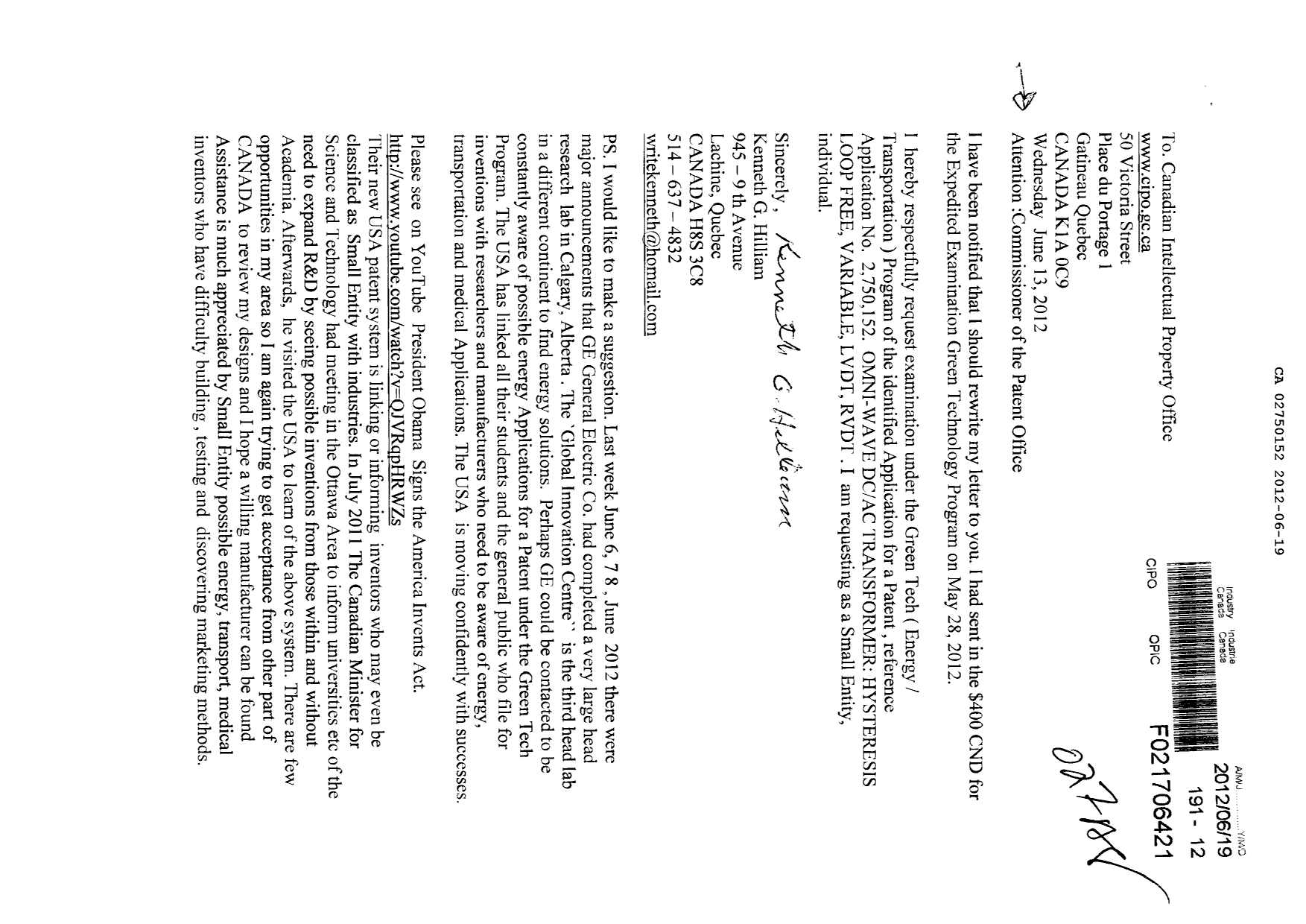 Document de brevet canadien 2750152. Poursuite-Amendment 20111219. Image 1 de 2
