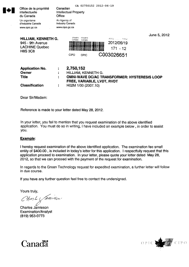 Document de brevet canadien 2750152. Poursuite-Amendment 20120619. Image 2 de 2