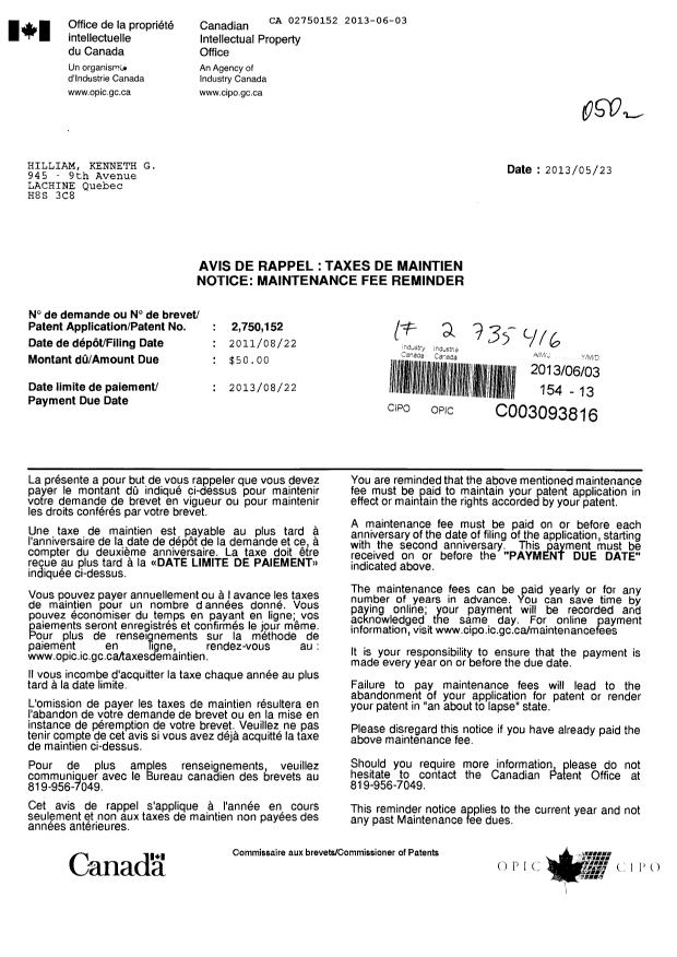Document de brevet canadien 2750152. Taxes 20121203. Image 1 de 1