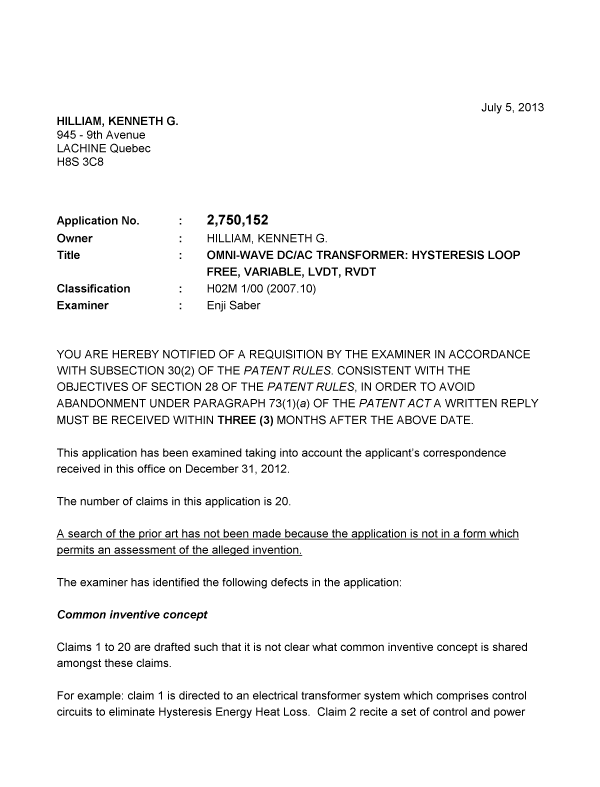 Document de brevet canadien 2750152. Poursuite-Amendment 20121205. Image 1 de 6