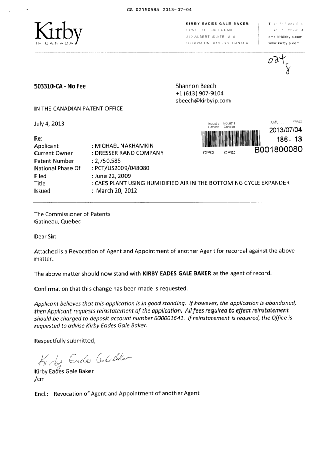 Document de brevet canadien 2750585. Correspondance 20121204. Image 1 de 2