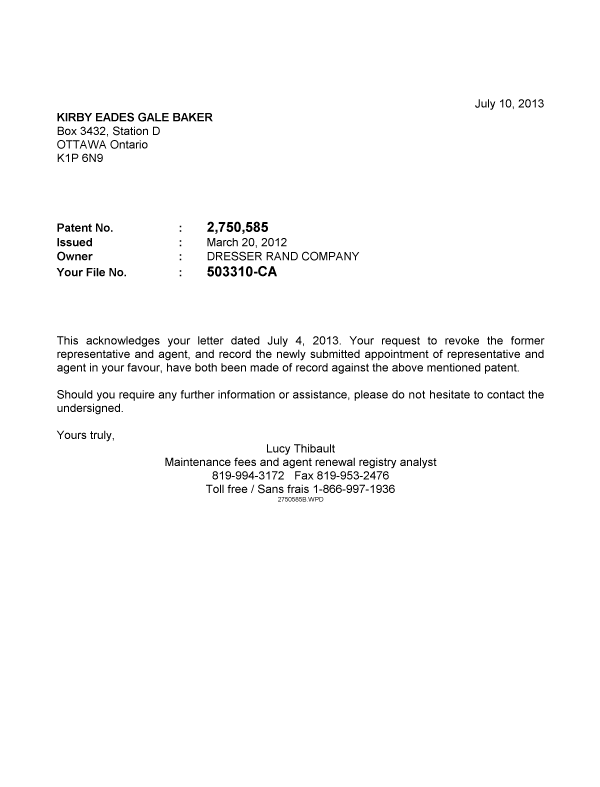 Document de brevet canadien 2750585. Correspondance 20121210. Image 1 de 1