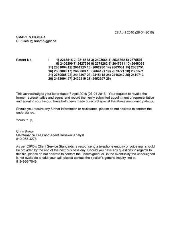 Document de brevet canadien 2750585. Correspondance 20151228. Image 1 de 1