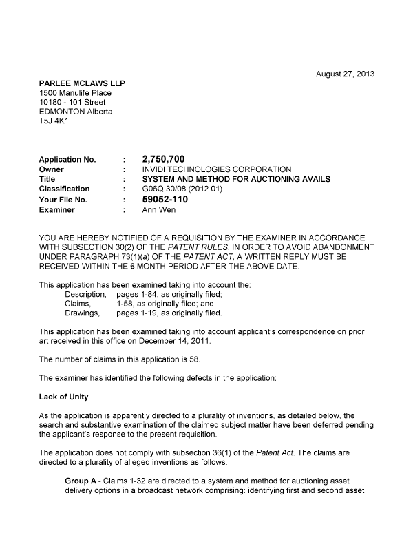 Canadian Patent Document 2750700. Prosecution-Amendment 20121227. Image 1 of 2