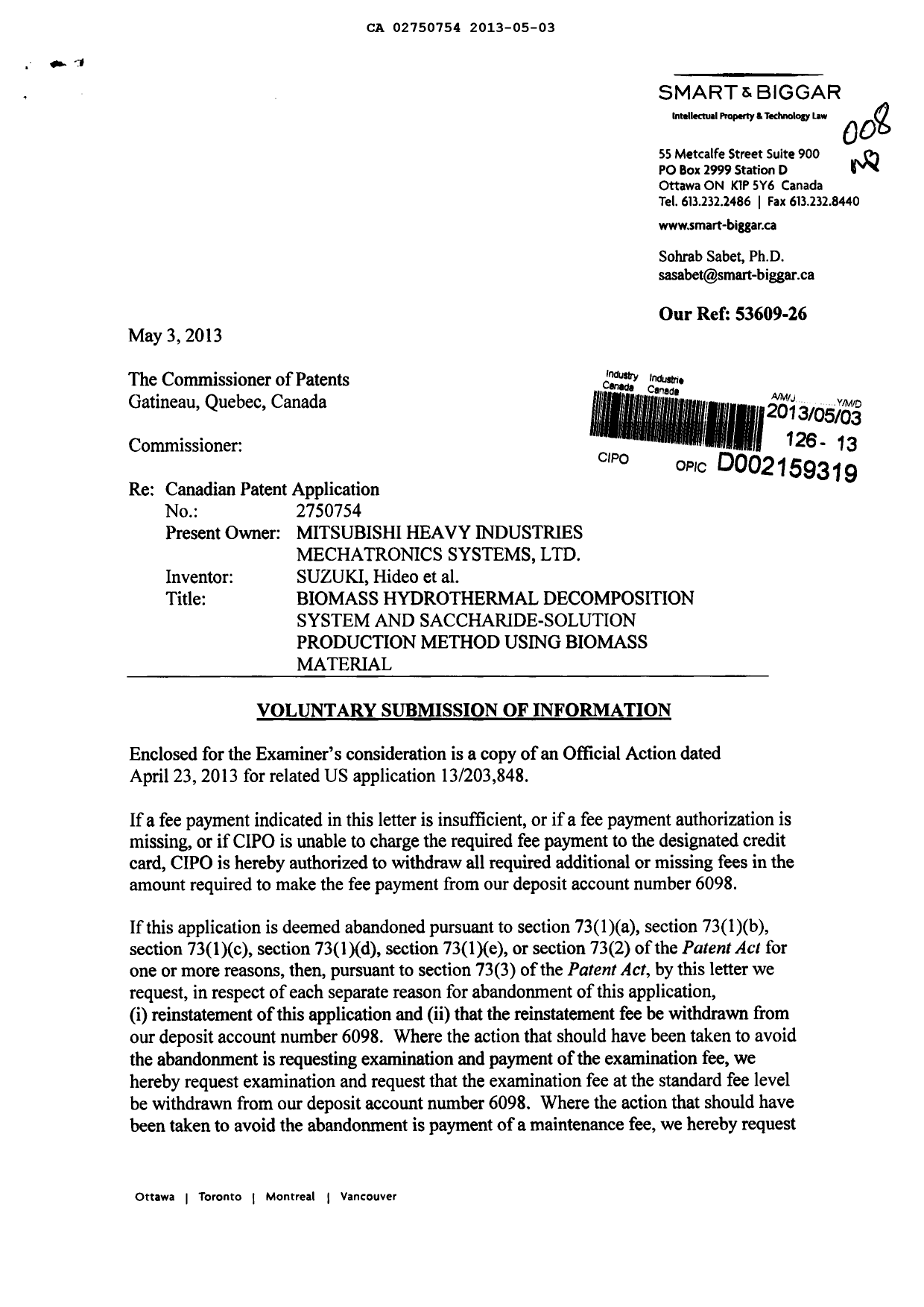 Canadian Patent Document 2750754. Prosecution-Amendment 20130503. Image 1 of 2