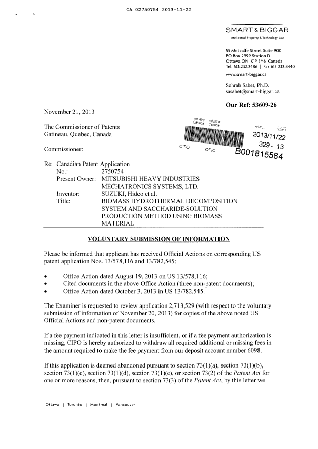 Canadian Patent Document 2750754. Prosecution-Amendment 20131122. Image 1 of 2