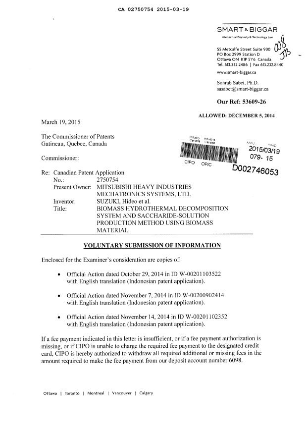 Canadian Patent Document 2750754. Prosecution-Amendment 20150319. Image 1 of 2